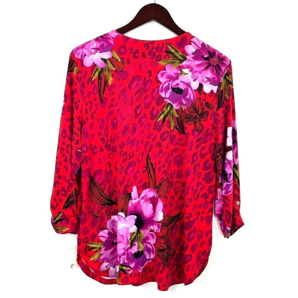 New JM Collection Women Sz PXL Red Pink Zip Neck Blouse Roll Tab Sleeve Tunic U4 - Picture 3 of 11